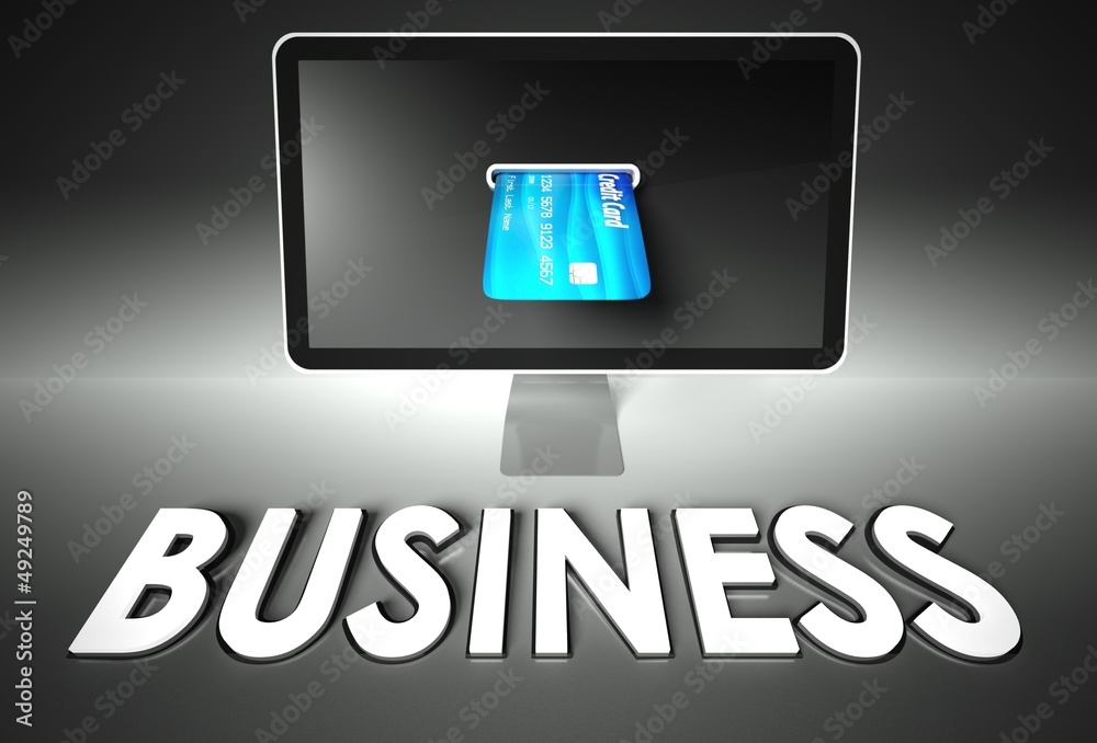 Screen and credit card, word Business, E-commerce Screen and credit card, word Business, E-commerce