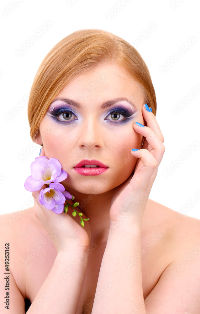 Beautiful young woman with glamour make up and flower, isolated Beautiful young woman with glamour make up and flower, isolated