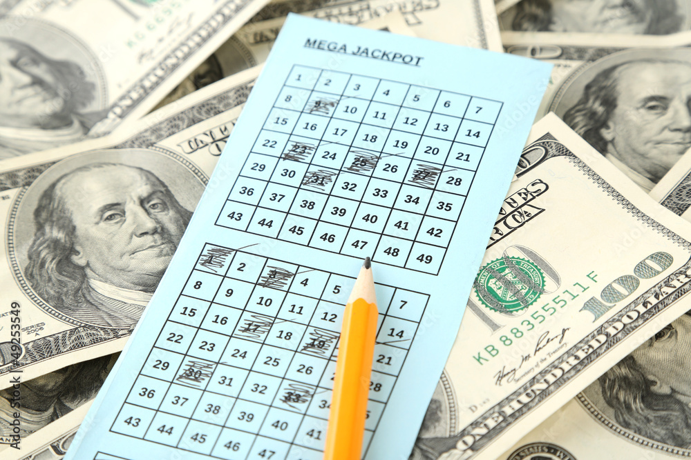 Obraz premium Lottery ticket, money and pencil, close up