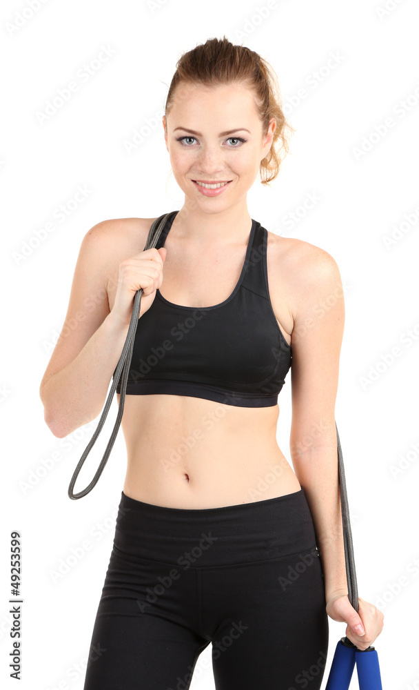 Young woman with skipping rope isolated on white Young woman with skipping rope isolated on white