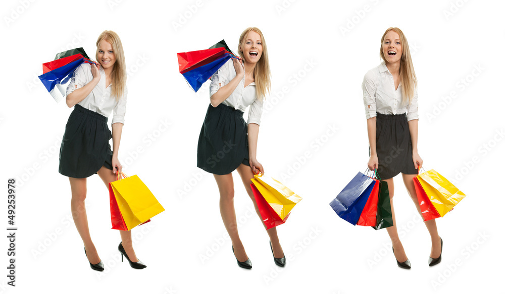 Photos of young woman with shopping bags