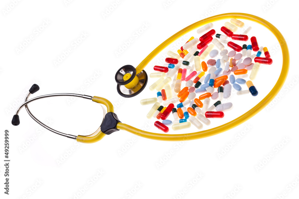 Pills and stethoscope horizontal Pills and stethoscope horizontal