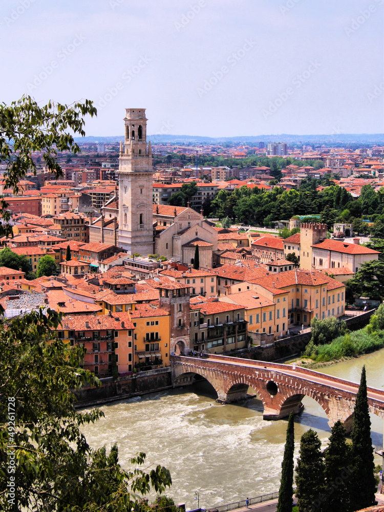 View over the city of Verona, Italy with Ponte di Pietra