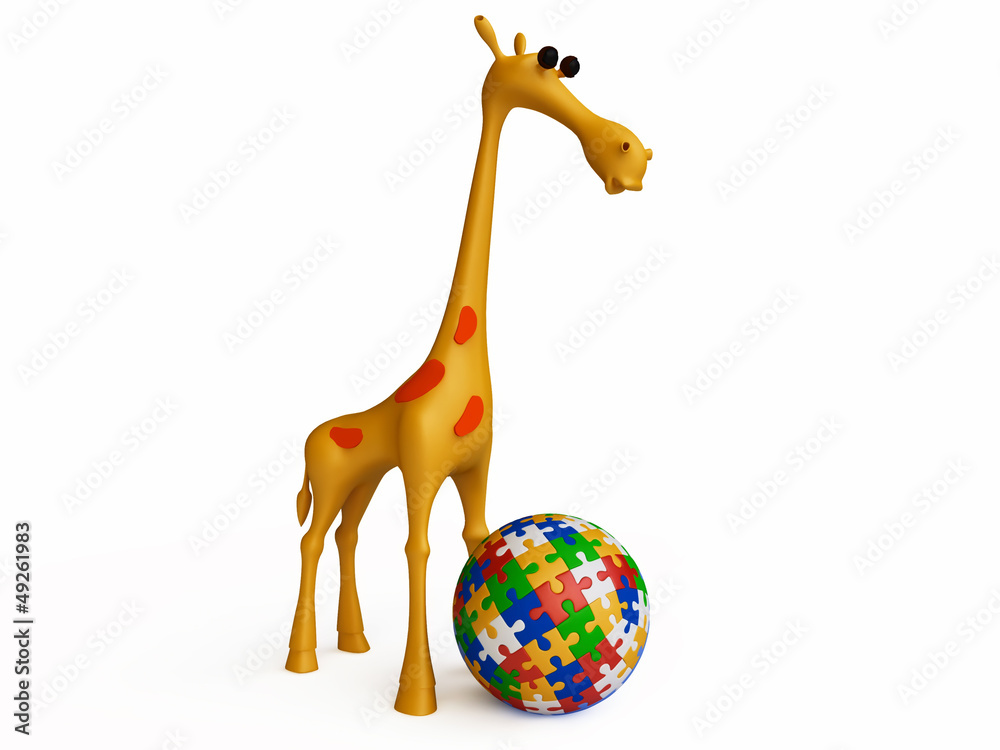 Naklejka premium Funny Giraffe Playing with Jigsaw Puzzle Ball