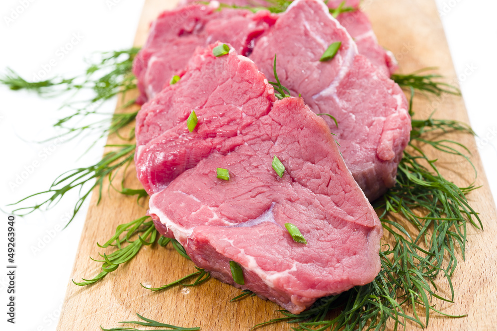 Raw beef with green chinese onion Raw beef with green chinese onion