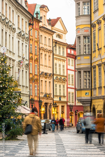 Old street in the center of Prague with blurred people