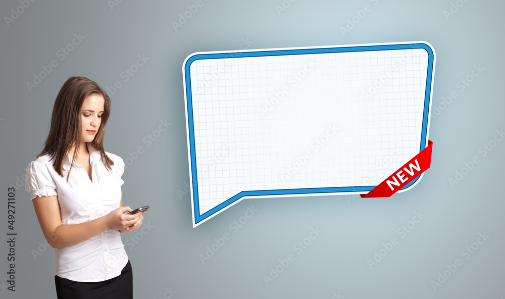 young woman holding a phone and presenting modern speech bubble young woman holding a phone and presenting modern speech bubble