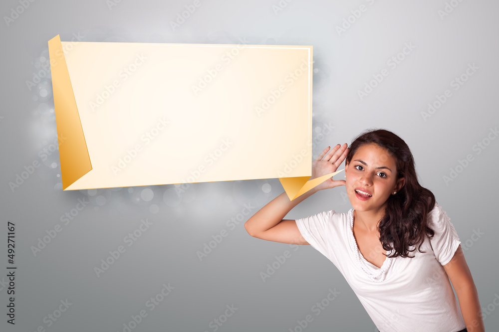 young woman gesturing with modern origami copy space young woman gesturing with modern origami copy space