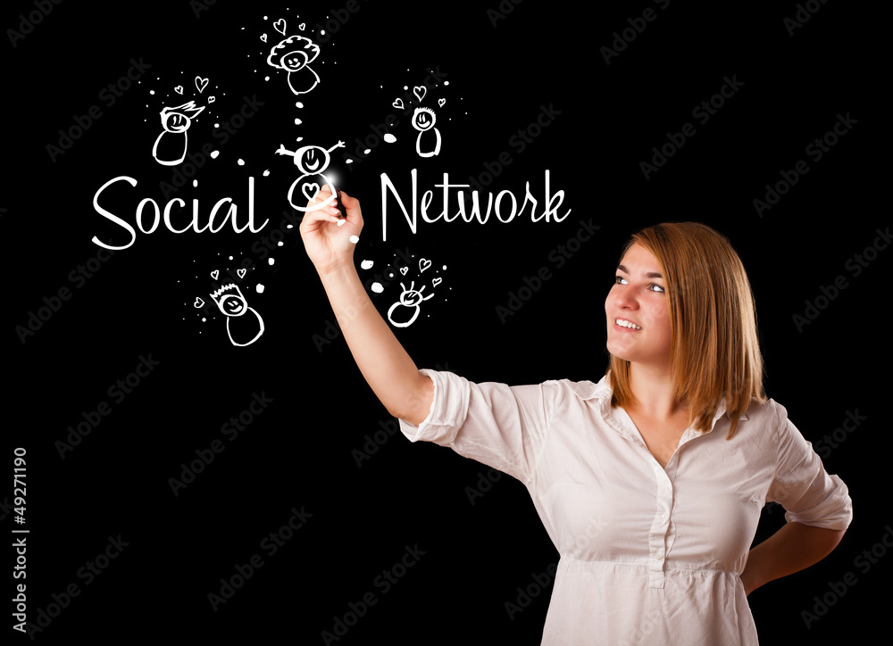 Woman draving social network theme on whiteboard Woman draving social network theme on whiteboard