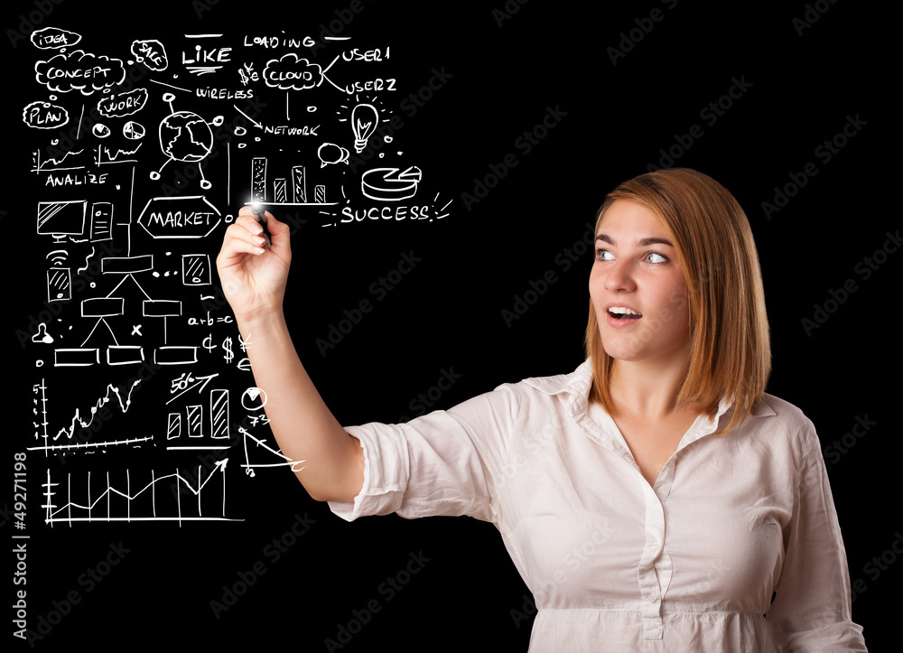 Woman drawing business scheme and icons on whiteboard Woman drawing business scheme and icons on whiteboard