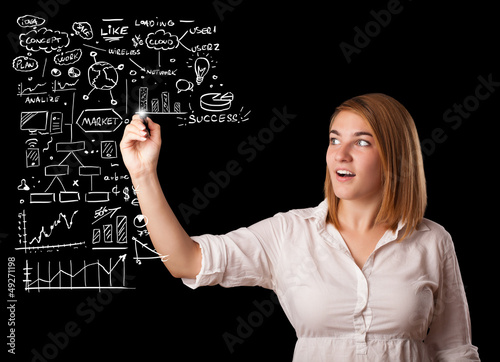 Woman drawing business scheme and icons on whiteboard © ra2 studio