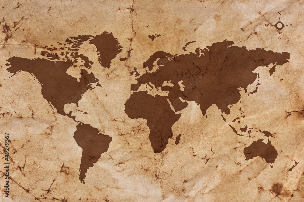 Old World map on creased and stained parchment paper