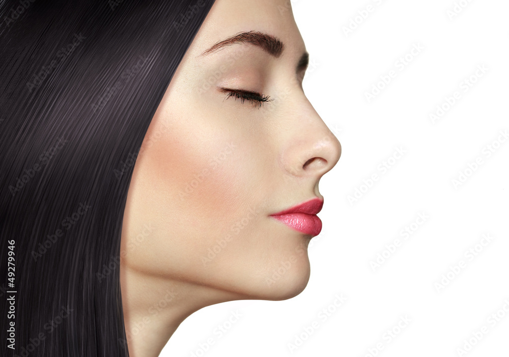 Fototapeta premium Fashion woman with style black hair isolated on white background