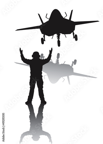 Stealth plane and aircraft carrier crewman. Vector silhouettes