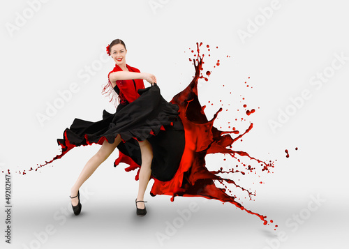 Flamenco dancer with dress turning to paint splashing