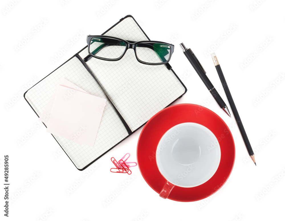 Fototapeta premium Coffee cup and office supplies