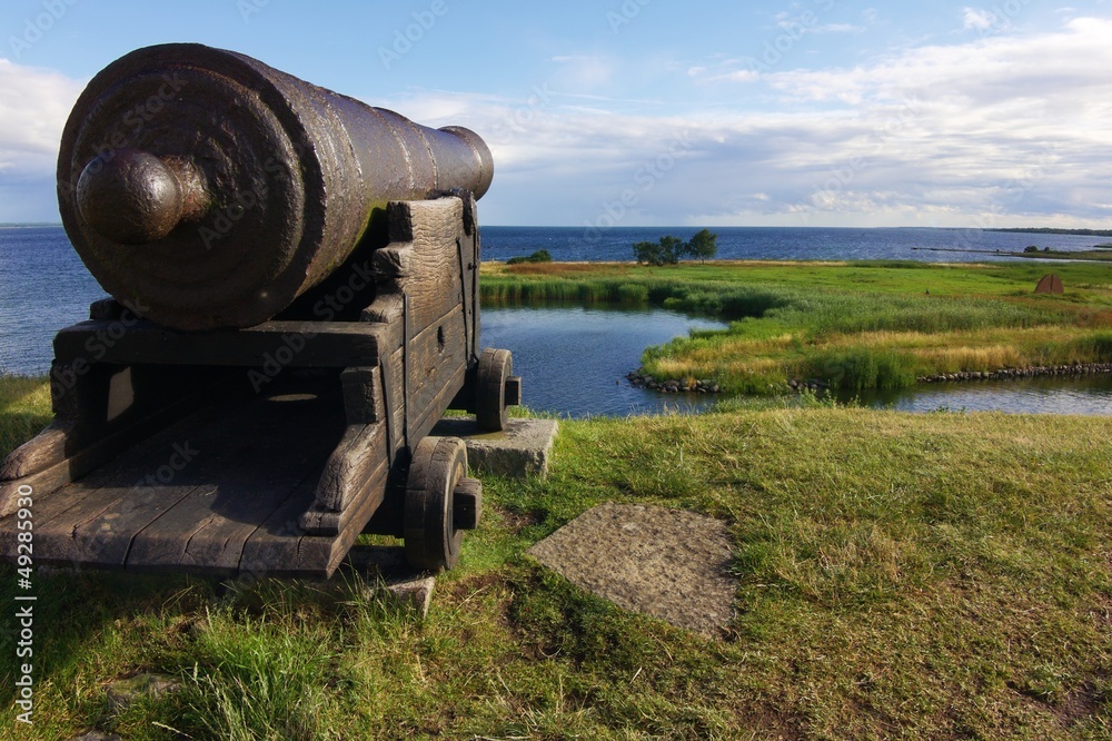 Ancient cannon aimed at the sea in the Kalmar castle, Sweden.