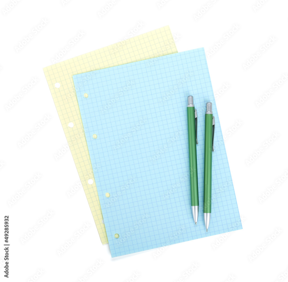 Blank notepapers, pencil and pen Blank notepapers, pencil and pen