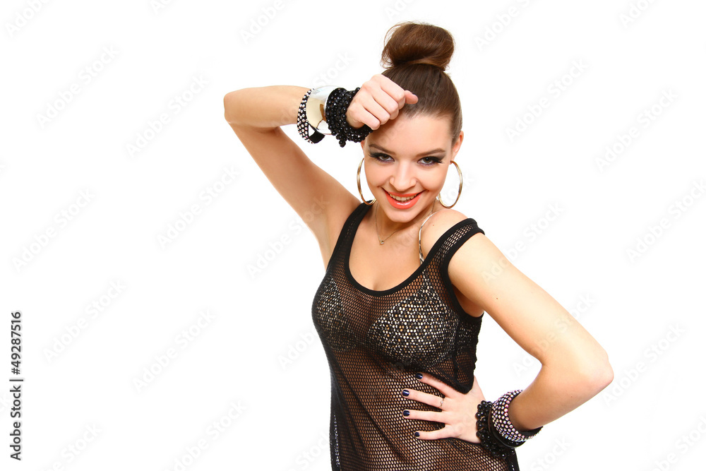Sexy smiling young woman touching her head with hands isolated o Sexy smiling young woman touching her head with hands isolated o