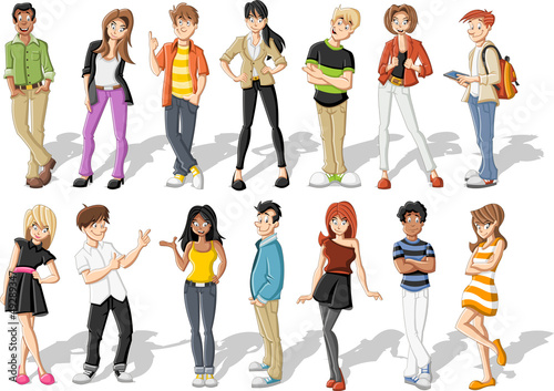 Group of happy cartoon young people