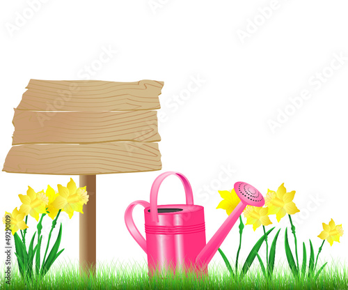 Arbeit im Garten mit Narzissen und Gießkanne