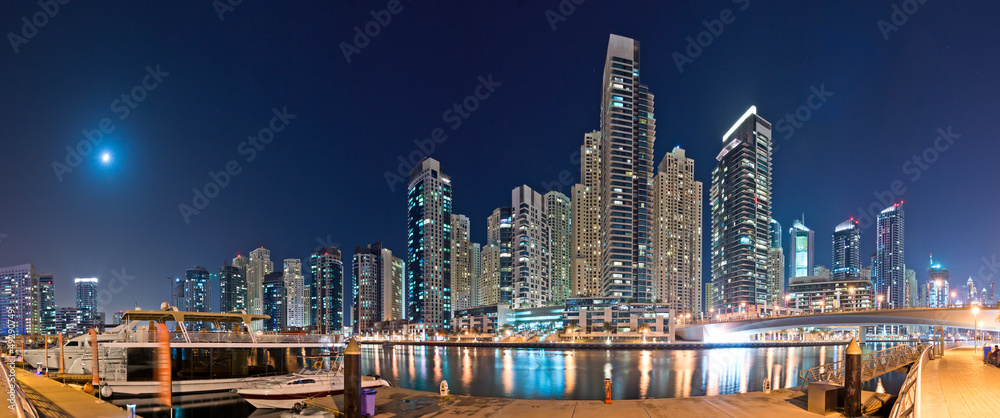 Dubai Marina at Night with Yachts Panorama