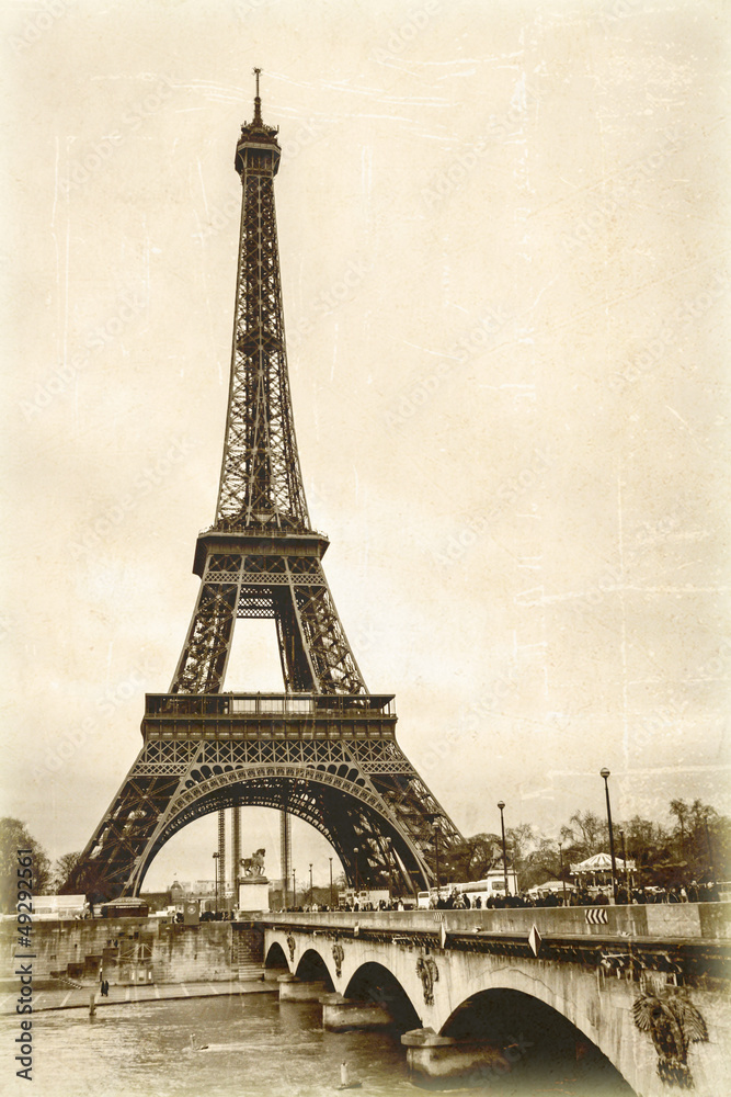 Naklejka premium La tour eiffel sépia effet ancienne photo carte postale