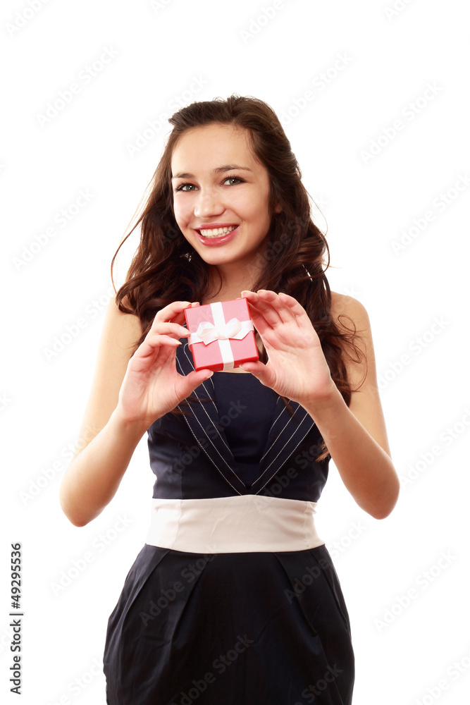 Woman holding gift box isolated on white background Woman holding gift box isolated on white background