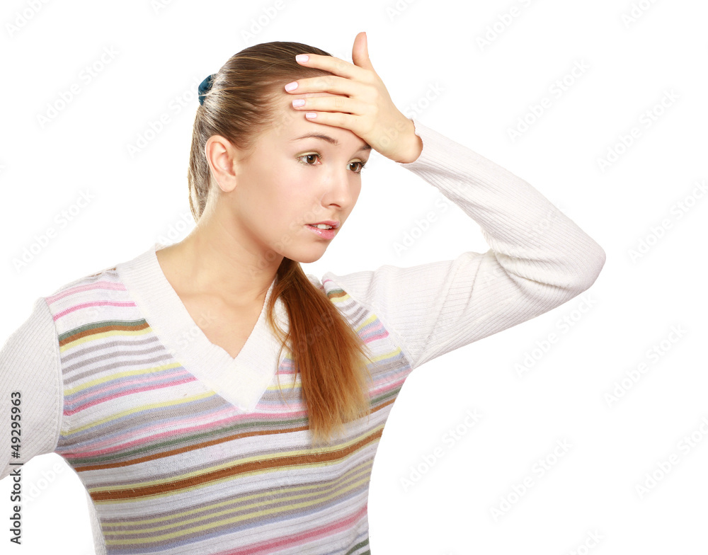 Woman holds head with pain, isolated on white background Woman holds head with pain, isolated on white background