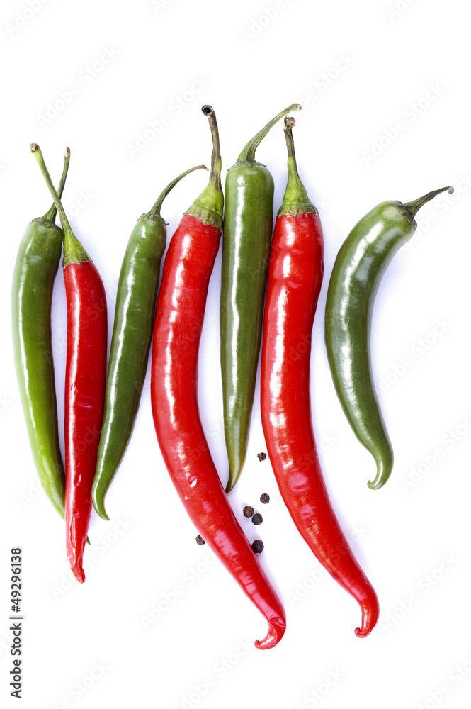 a vertical series of green and red chili peppers