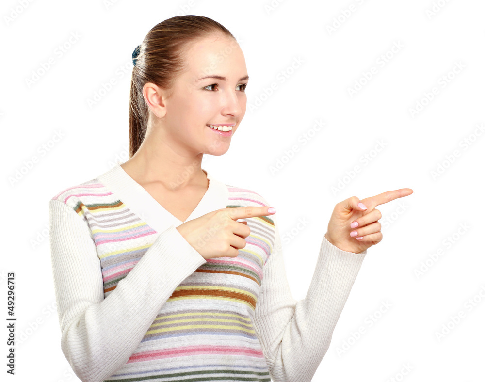 Cute female student presenting and showing Cute female student presenting and showing