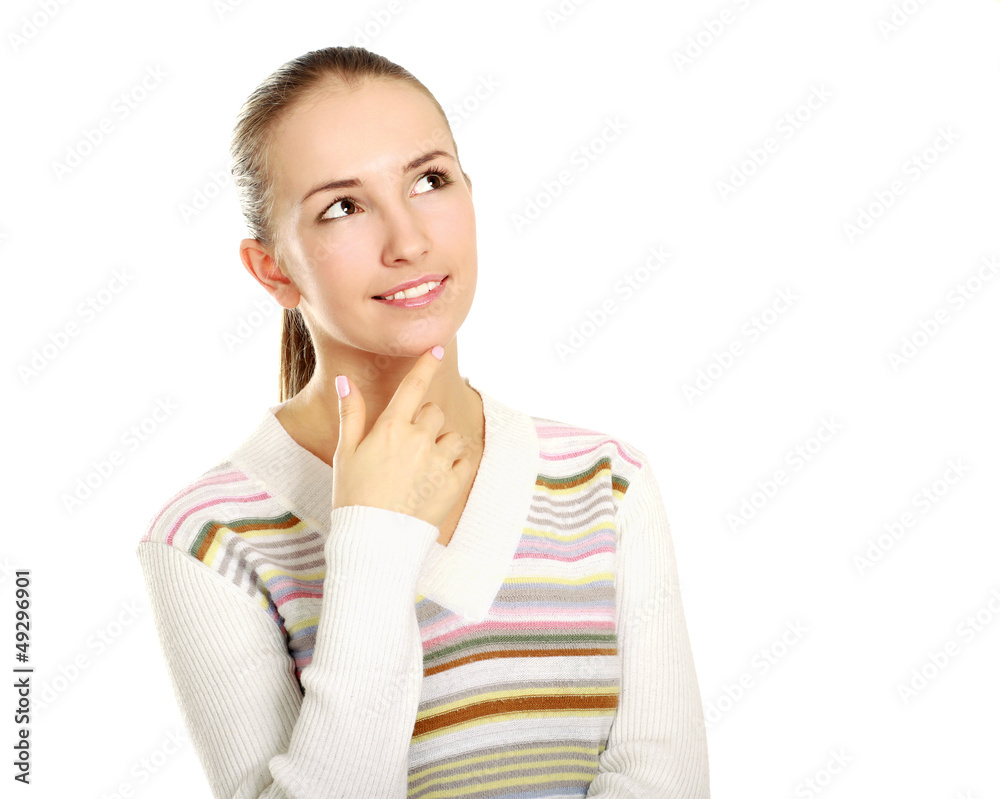 Young girl looking up isolated on white background. Young girl looking up isolated on white background.
