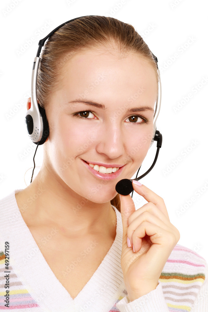 A smiling customer service girl isolated on white background A smiling customer service girl isolated on white background