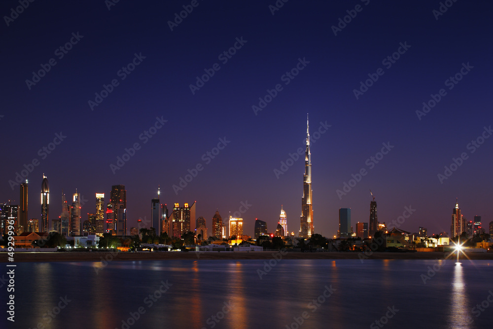 Dubai Skyline at dusk looking from Jumeirah Beach