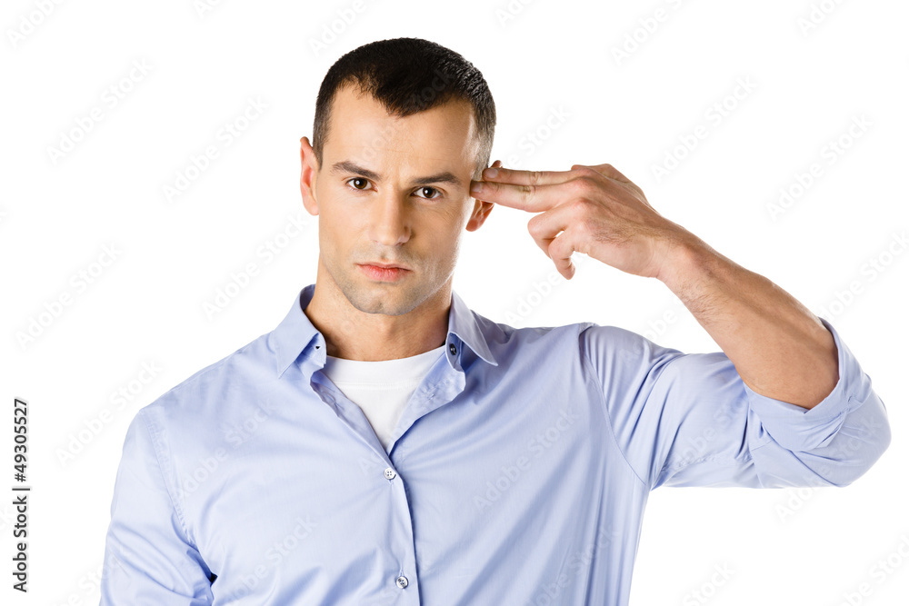 Disappointed man shows hand gun gesture, isolated on white Disappointed man shows hand gun gesture, isolated on white