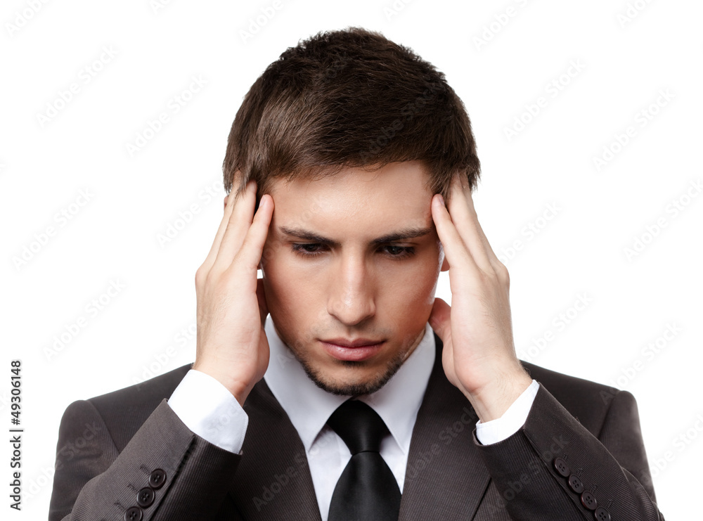 Putting hands on head businessman has some problems Putting hands on head businessman has some problems
