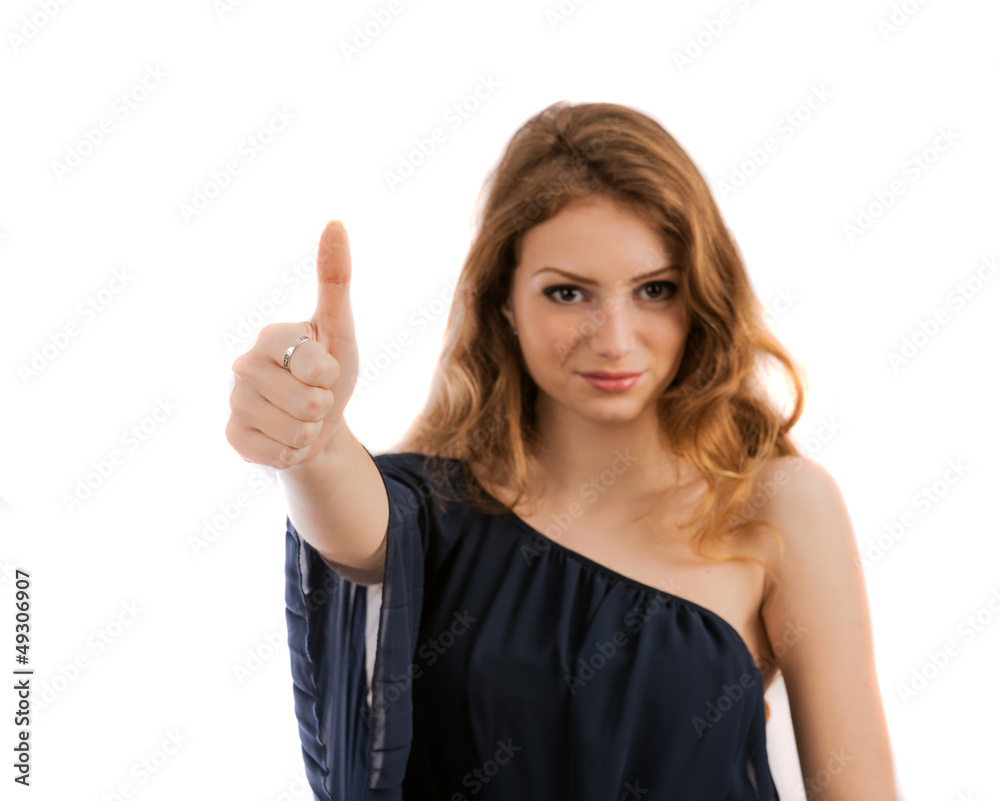 Beautiful smiling young woman close-up raises thumbs up, isolate Beautiful smiling young woman close-up raises thumbs up, isolate