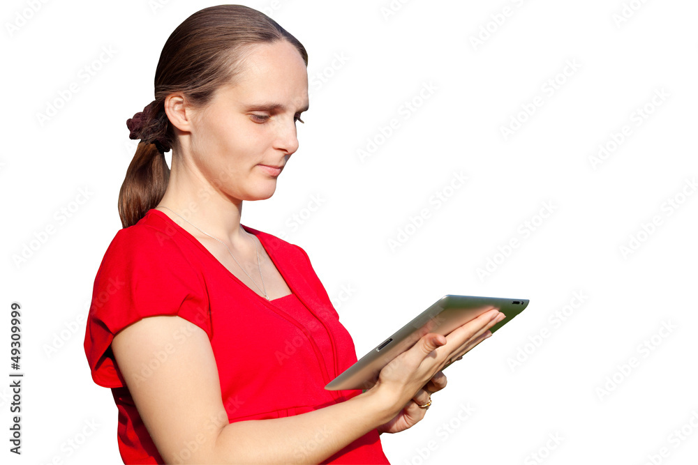 Young woman holding a tablet touch computer gadget on white Young woman holding a tablet touch computer gadget on white