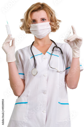 young and beautiful doctor in gloves showing ampule