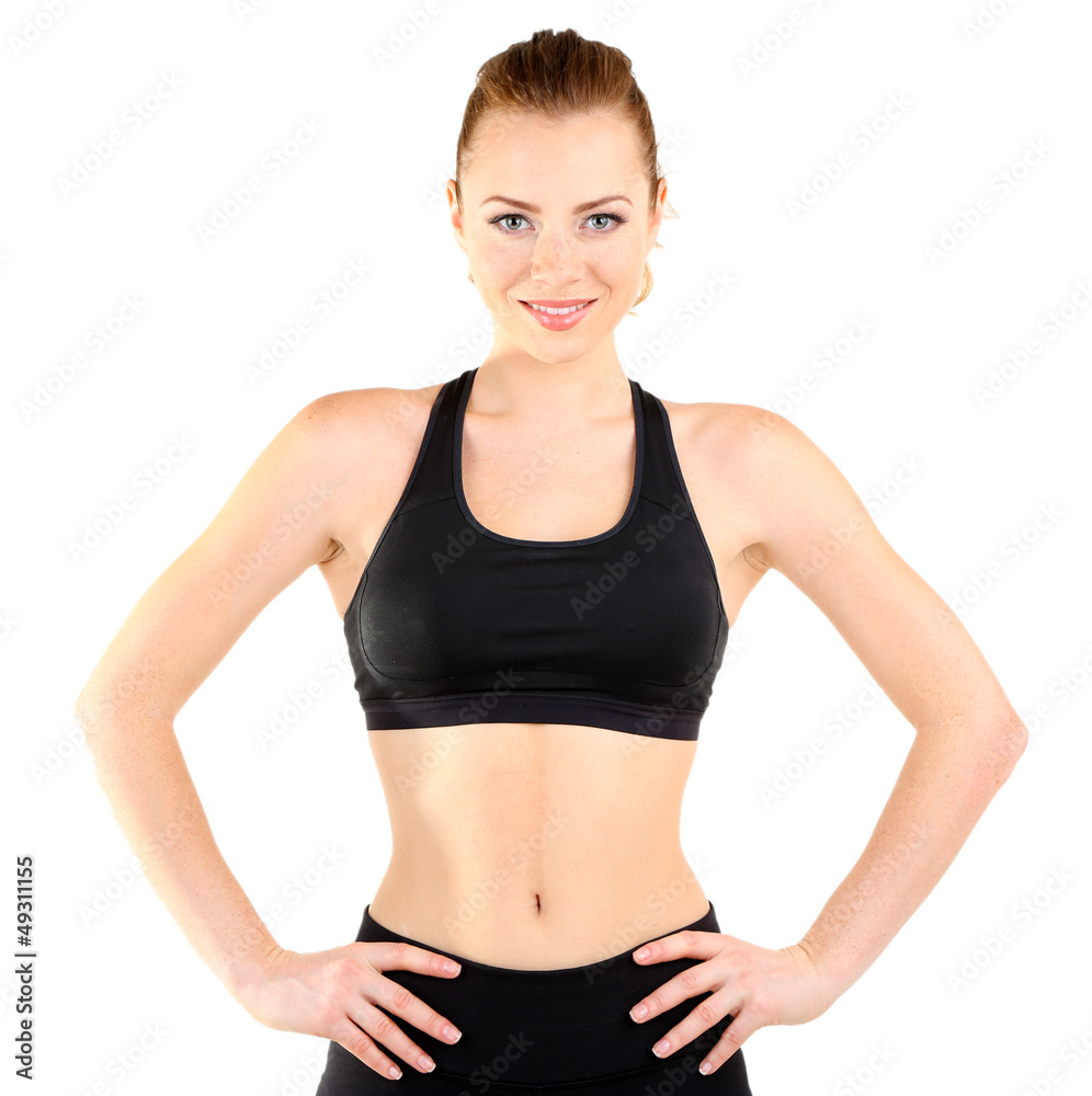 Young woman doing fitness exercises isolated on white Young woman doing fitness exercises isolated on white