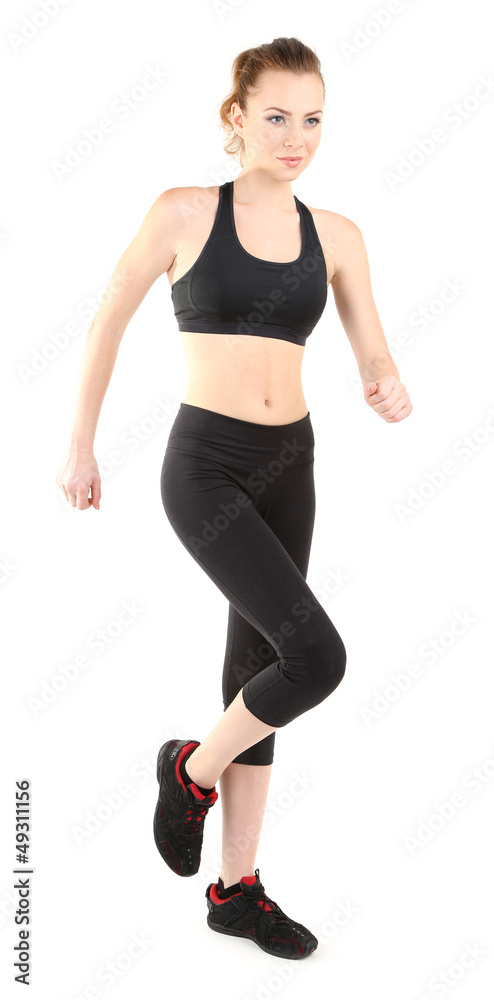 Young woman doing fitness exercises isolated on white Young woman doing fitness exercises isolated on white