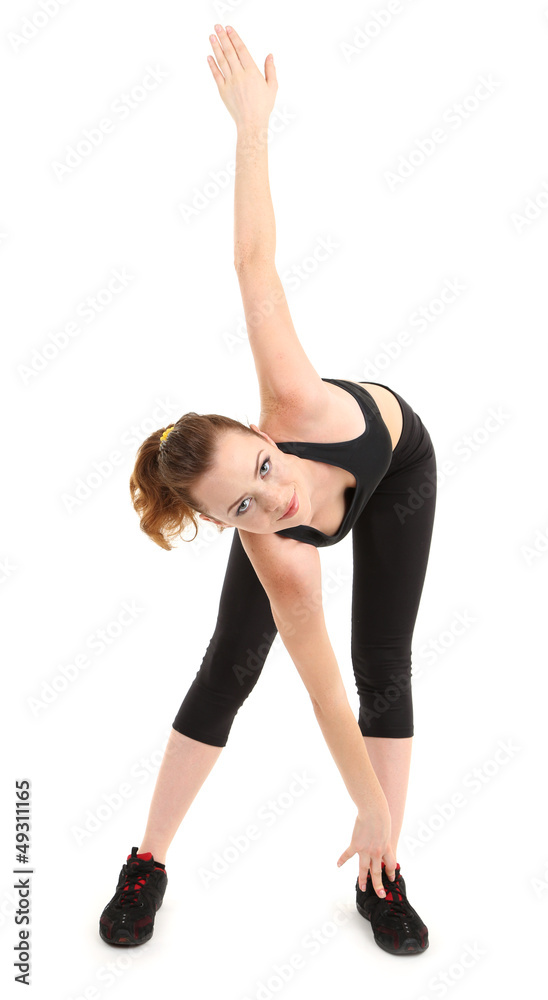Young woman doing fitness exercises isolated on white