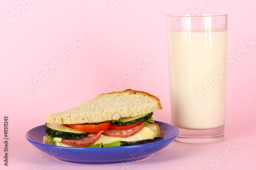 Sandwich on plate with milk on pink background