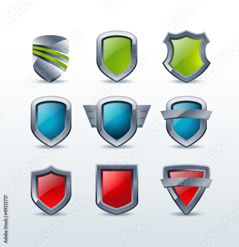 Set of colorful shiny metallic shield icons vector illustration