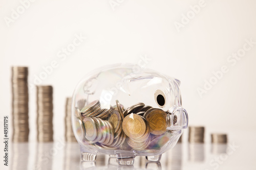 Pig bank and money coin