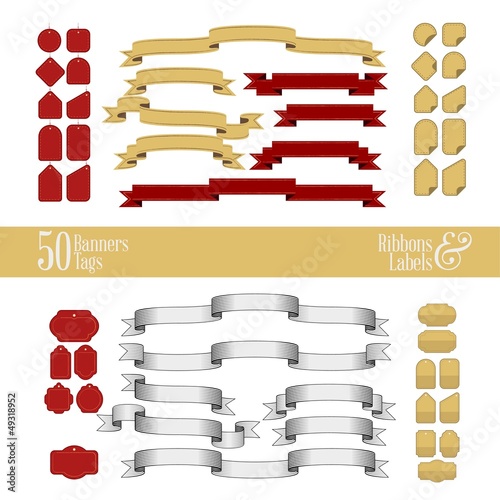 Old Fashioned Etching Styled Curly Ribbon and Label Vintage Set