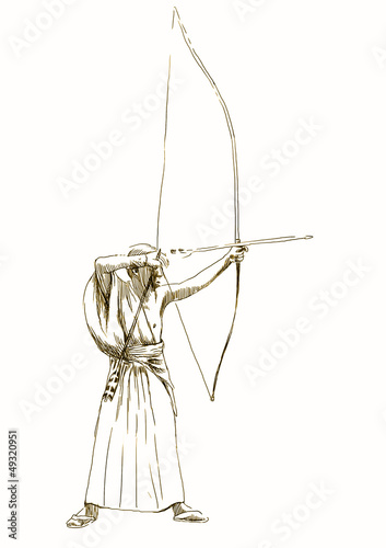 Kyudo - modern Japanese martial art. / Hand drawn illustration.