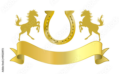 Goldenes Reiterabzeichen mit Hufeiesen und Schriftband