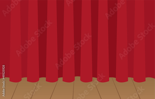 Red curtain closed on wooden stage