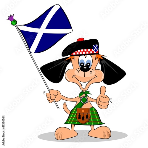 Cartoon dog in a kilt with falg of Scotland photo